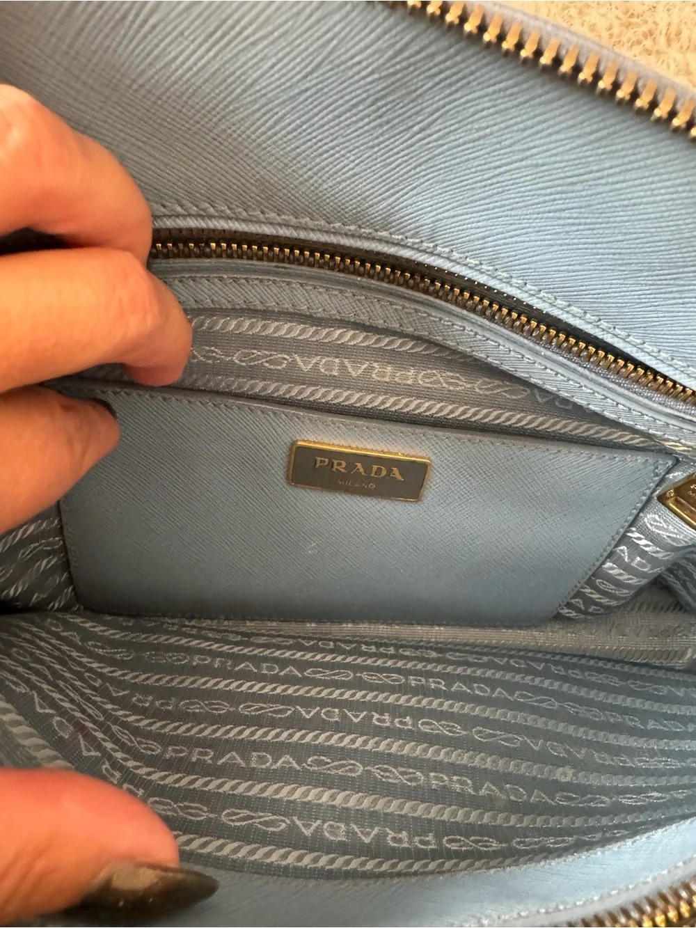 Prada Light Blue Saffiano Leather Satchel with Gold Hardware